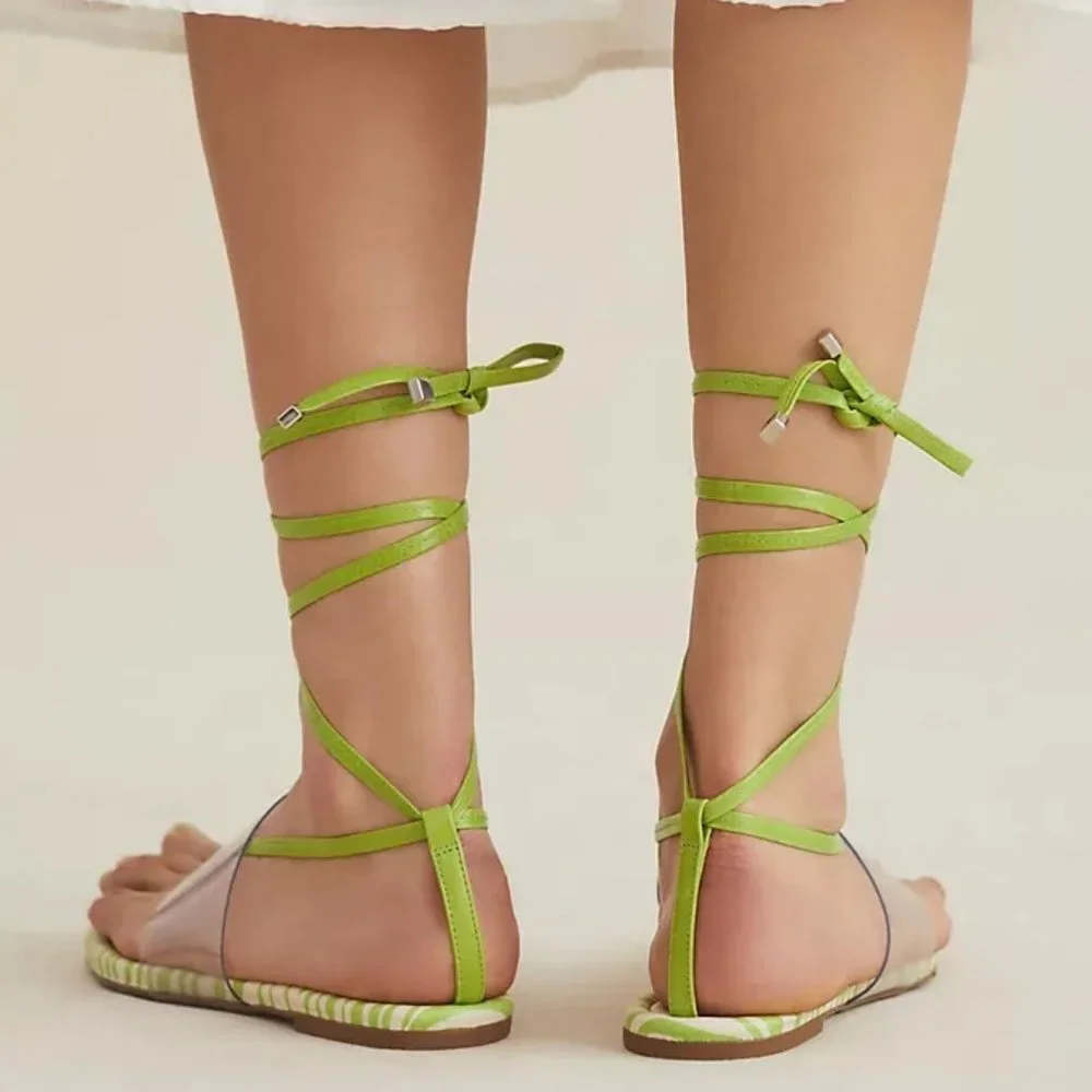NEW Anthropologie Vicenza Transparent Zebra Sandal Tie Up Thong Sandals in Lime